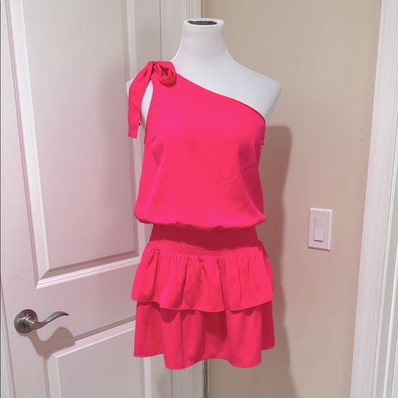 Amanda Uprichard Mckinley Barbie Pink One Shoulder Ruffle Tiered Dress Small - Picture 3 of 12
